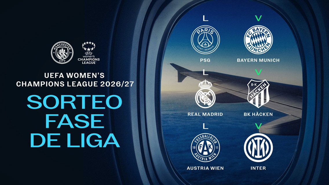 Image features the UEFA Women's Champions League 2026/27 league phase draw for Manchester City with opponents: PSG, Real Madrid, Austria Wien, Bayern Munich, BK Häcken, and Inter.