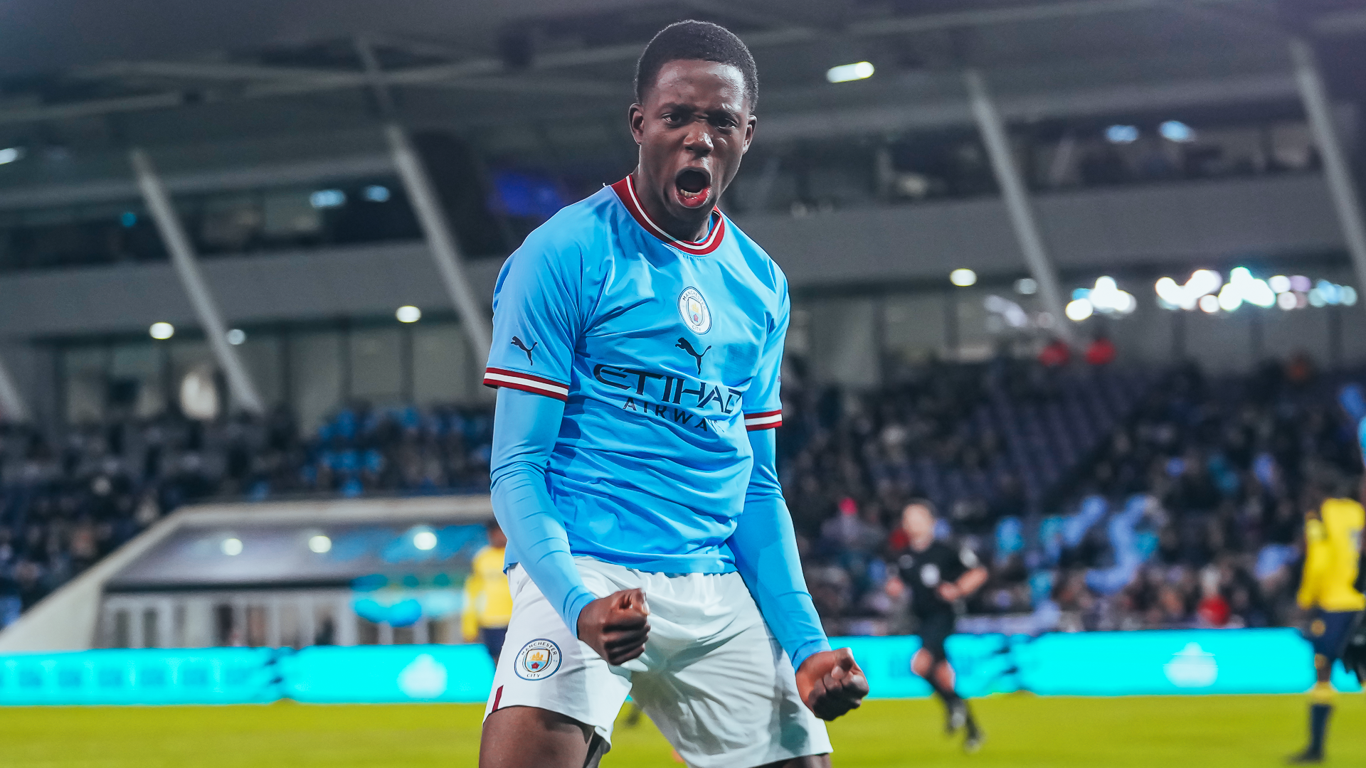 DELIGHT: Justin Oboavwoduo's expression says it all after his opening goal.