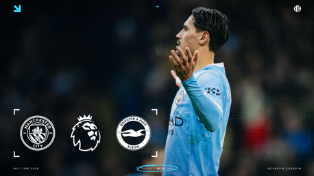 Graphic promoting a match between Manchester City and Brighton & Hove Albion on the 7th of January 2026. Features Manchester City and Brighton logos, player in Manchester City kit, and match timing details.