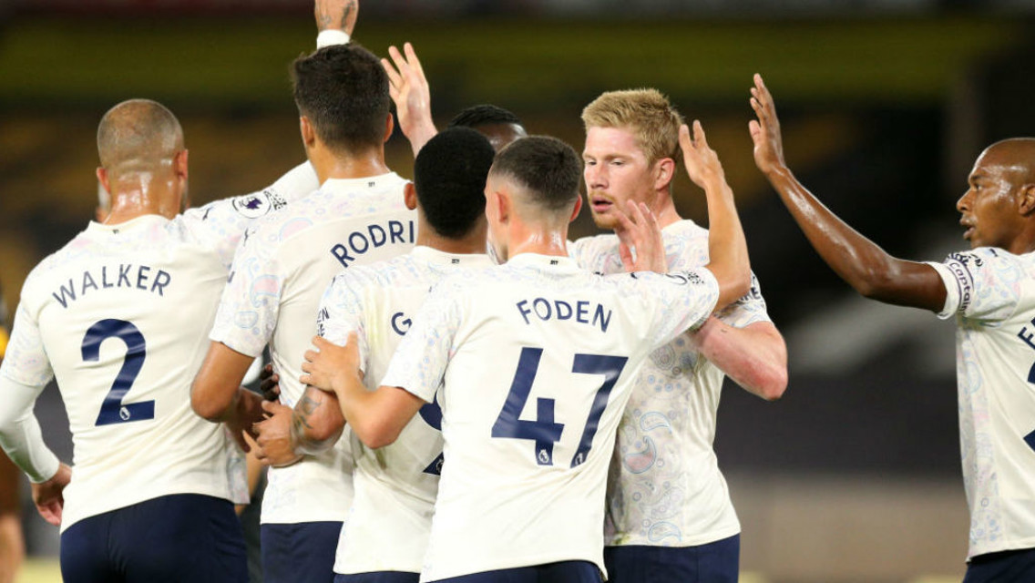 MAGIC MONDAY: Goalscorers Phil Foden and Kevin De Bruyne are the centre of attention