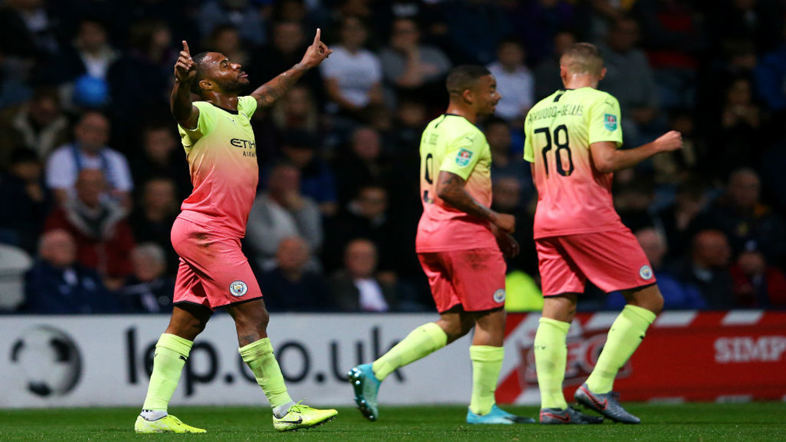 DEADLOCK BROKEN: Raheem Sterling celebrates after his stunning opener at Deepdale