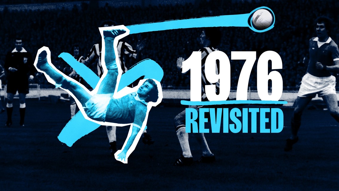 A stylized football scene with a player performing a bicycle kick, the text '1976 Revisited' in bold, and a blue color scheme.
