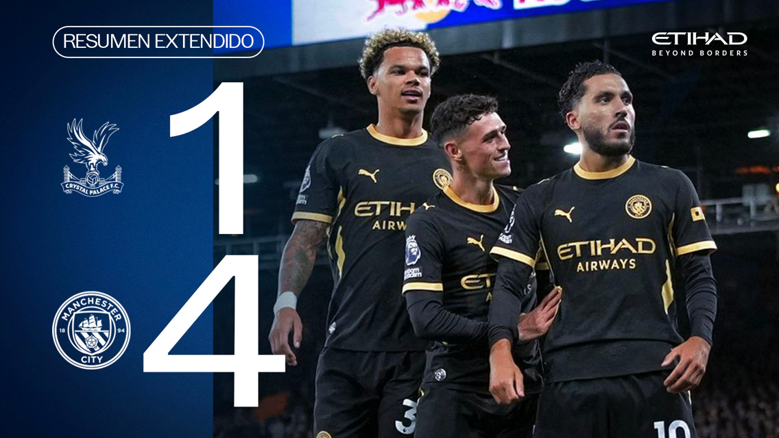 Scoreboard graphic showing Crystal Palace 1-4 Manchester City. Three Manchester City players celebrate. Etihad Airways and Puma logos are present.