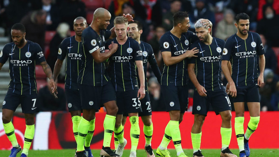ALL TOGETHER NOW : The Blues celebrate after Sergio's wonderful header