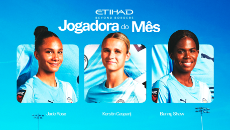 Image showcasing the nominees for Etihad's Player of the Month in Manchester City's women's team: Jade Rose, Kerstin Casparij, and Bunny Shaw, with blurred faces against a blue background.