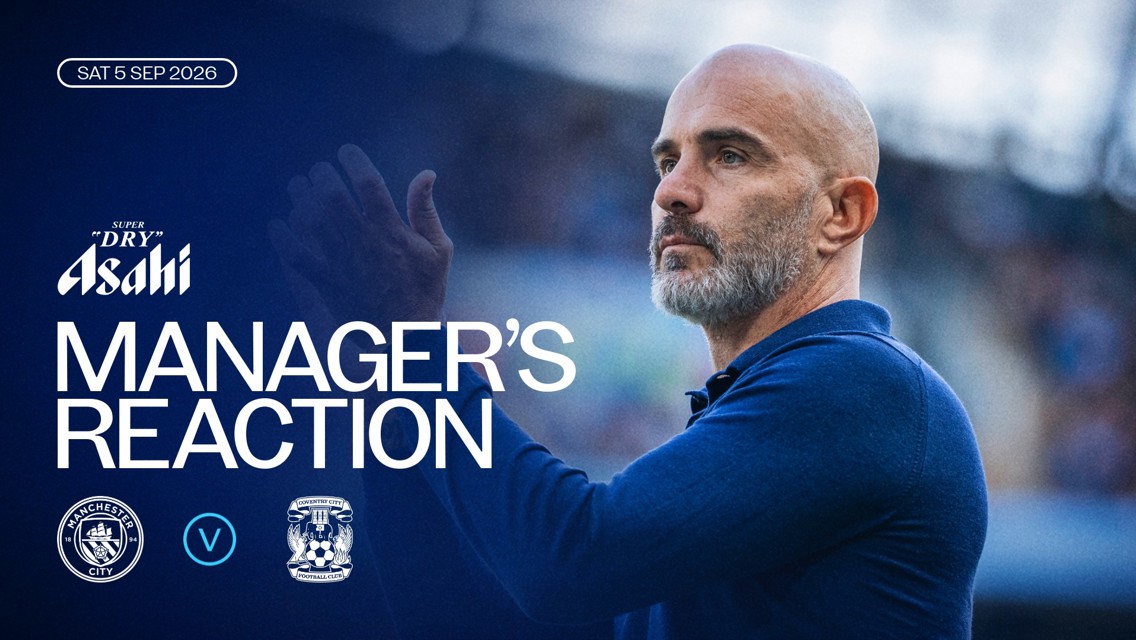 A manager claps on the sidelines with 'Manager's Reaction'. Logos of Manchester City and Coventry City are displayed. Date: Sat 5 Sep 2026. Sponsored by Asahi.