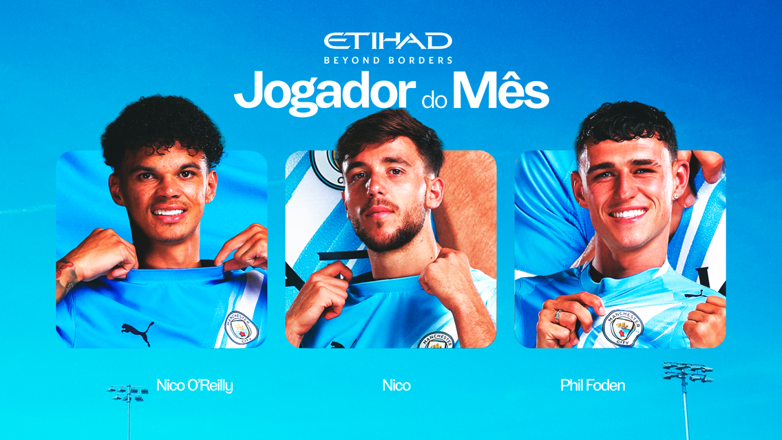 Manchester City's Player of the Month header featuring Nico O'Reilly, Nico, and Phil Foden with Manchester City branding and blue sky background.