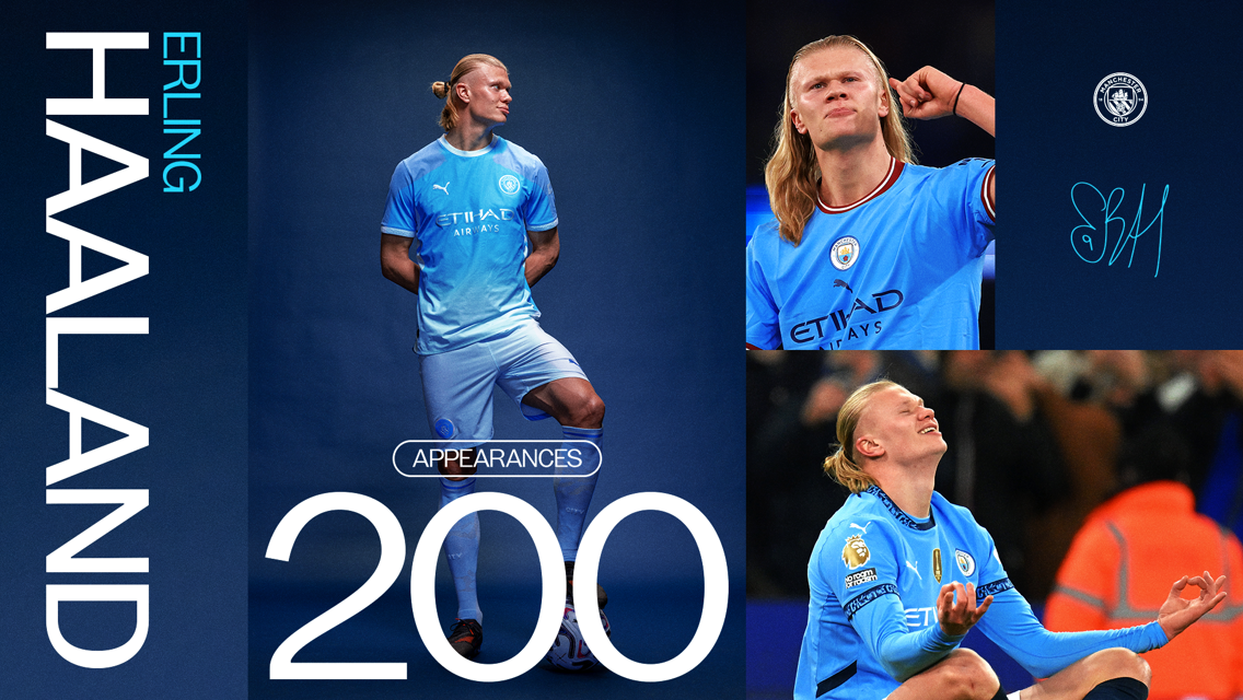 Celebratory graphic featuring Erling Haaland for reaching 200 appearances. Includes images of him in Manchester City kit, Manchester City logo, and his autograph.
