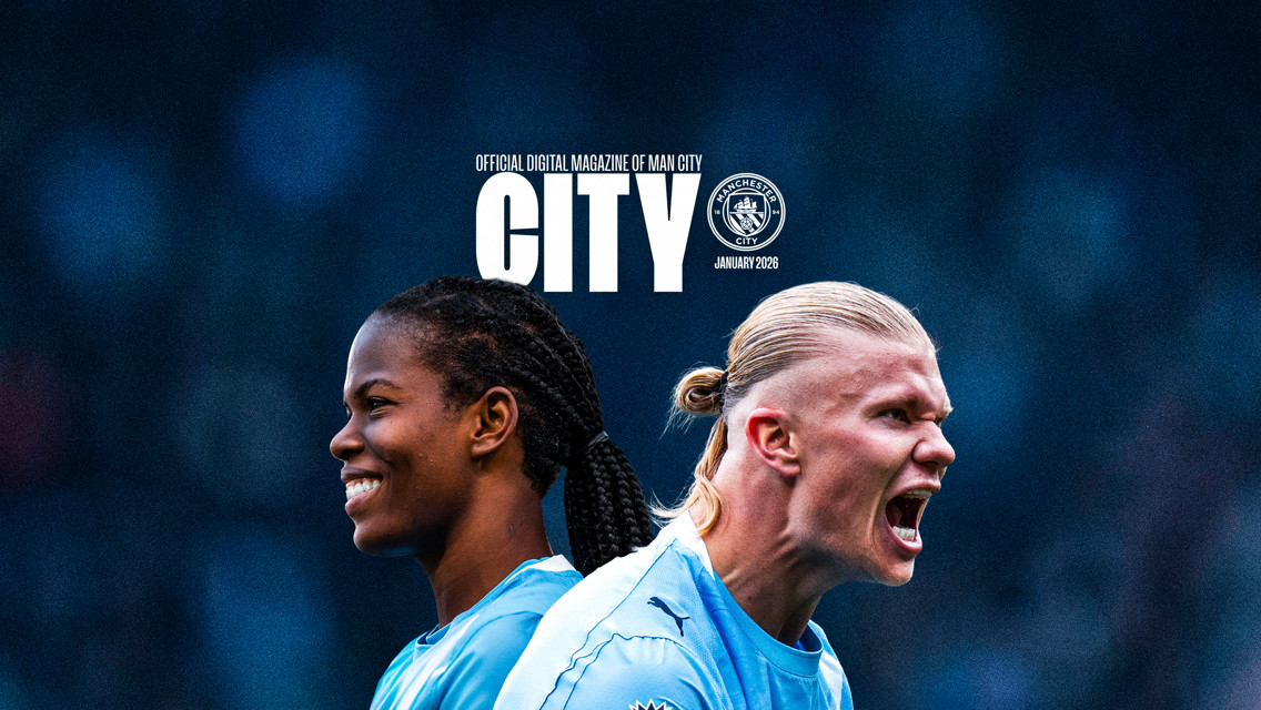 Cover of Manchester City's official digital magazine titled 'CITY', January 2026 issue. The background shows two players back-to-back in blue kits.