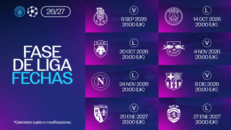 Manchester City Champions League fixtures for the 2026/2027 phase. Matches include Porto, PSG, AEK, Leipzig, Napoli, Barcelona, Lens, and Sporting. Dates are from September 2026 to January 2027.