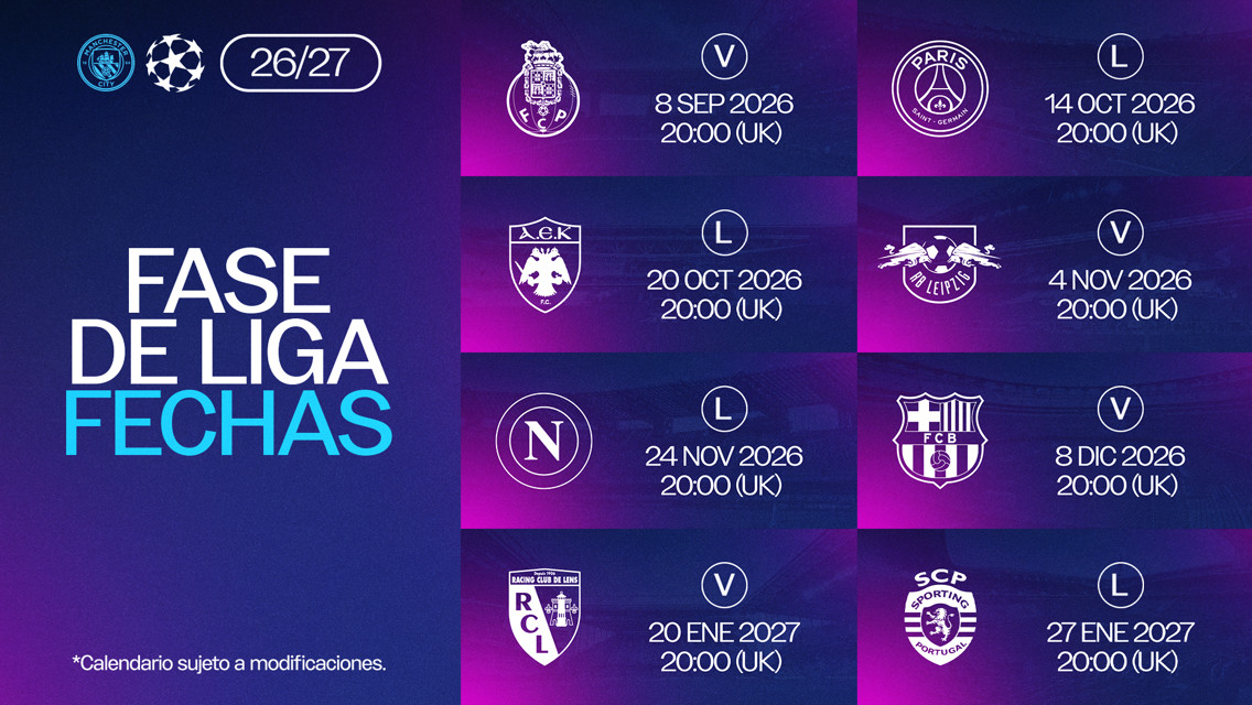 Manchester City Champions League fixtures for the 2026/2027 phase. Matches include Porto, PSG, AEK, Leipzig, Napoli, Barcelona, Lens, and Sporting. Dates are from September 2026 to January 2027.