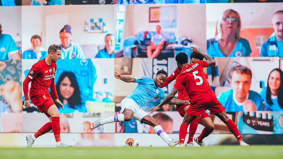 SLALOM : Raheem Sterling surrounded by Liverpool players in our behind-closed-doors win at the Etihad | City 4-0 Liverpool (2 July 2020).