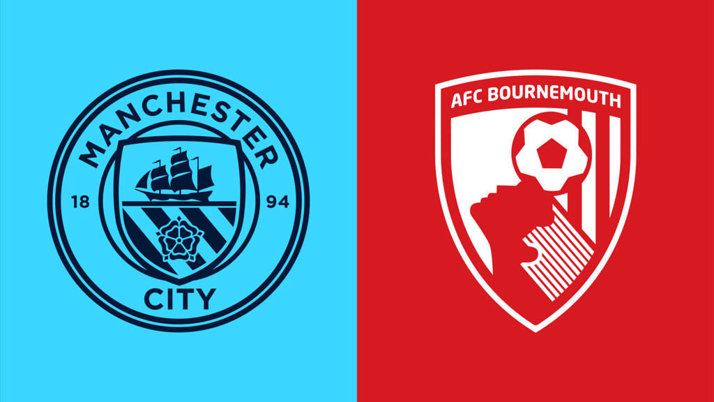 Image displaying the logos of Manchester City and AFC Bournemouth side by side. Manchester City's logo is in blue, featuring a ship and a rose symbol. AFC Bournemouth's logo is in red, depicting a football and geometric shapes.