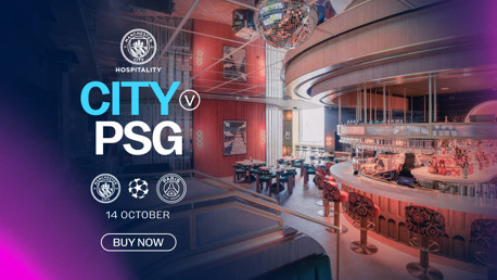 Promotional image for Manchester City hospitality offering for the match against PSG on 14 October. Features the interior of a stylish bar with a disco ball.