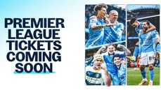 Promotional image for Premier League tickets with photos of Manchester City players celebrating.