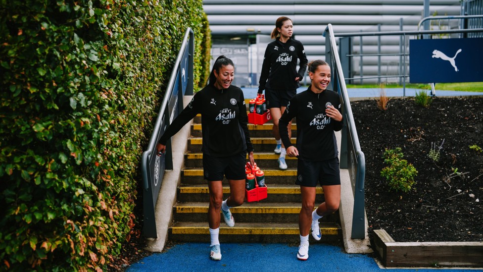 READY TO GO: Leila Ouahabi, Yui Hasegawa and Iman Beney on their way into training 