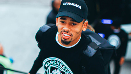 BRAZILIAN BLEND: Gabriel Jesus was in great spirits as he boarded the plane at Manchester Airport