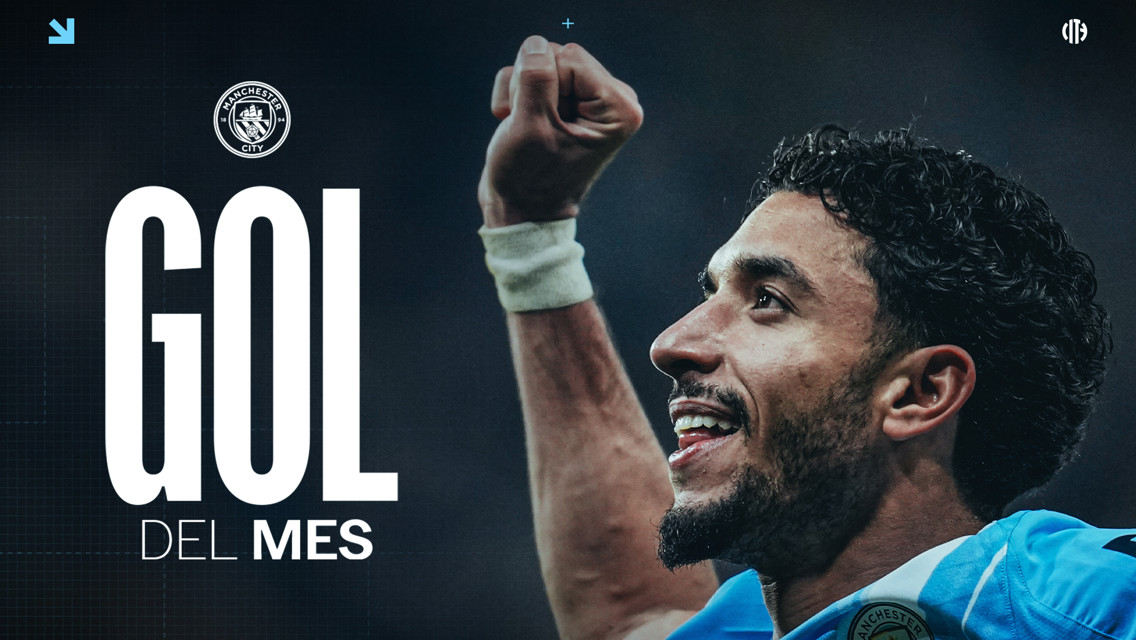 A Manchester City promotional graphic featuring the text 'GOL DEL MES' with a partially obscured player in a blue Manchester City jersey.