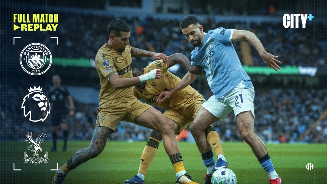A soccer match action image between Manchester City and Crystal Palace, featuring players from both teams competing for the ball. The image includes logos for Manchester City, Crystal Palace, and the Premier League, with 'Full Match Replay' text on the side.