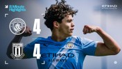 Manchester City and Stoke City match ended in a 4-4 draw, featuring an 8-minute highlight promo with branding of Etihad Airways and both team logos.