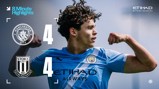 Manchester City and Stoke City match ended in a 4-4 draw, featuring an 8-minute highlight promo with branding of Etihad Airways and both team logos.