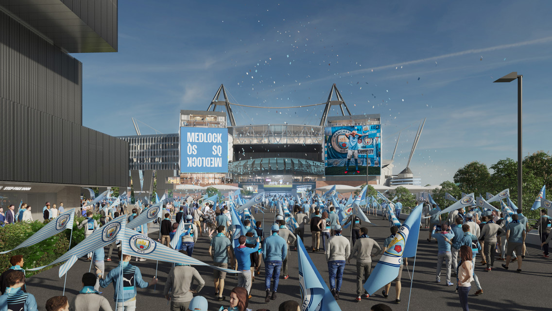 Crowd of fans with blue flags gathered outside Etihad Stadium, Manchester City soccer venue.