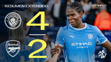 Graphic showing Manchester City defeating Arsenal 4-2. The image includes Manchester City's logo, a player in their kit, and text in Spanish.