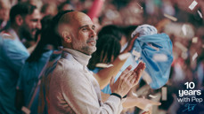 A crowd in Manchester City colors during a celebration, with confetti in the air and a '10 years with Pep' message in the corner.