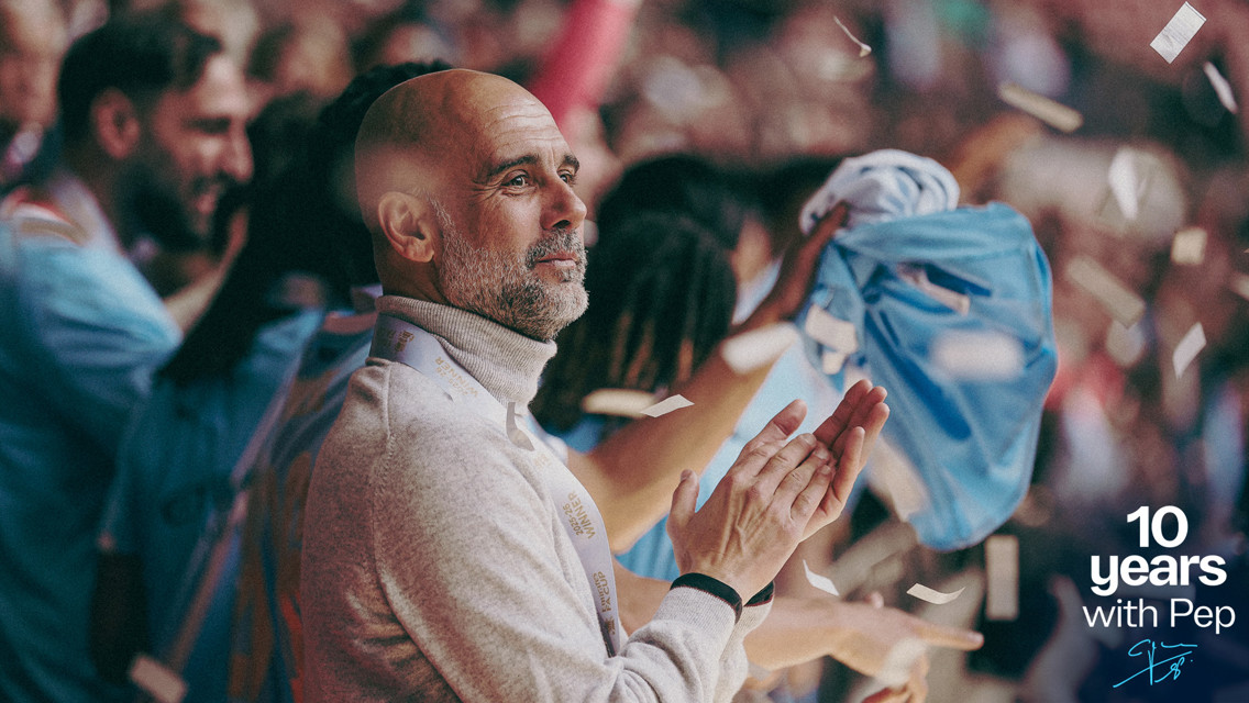 A crowd in Manchester City colors during a celebration, with confetti in the air and a '10 years with Pep' message in the corner.