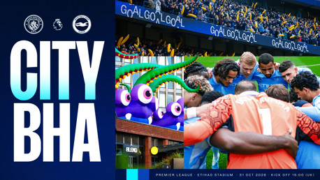 Premier League match promo for Manchester City vs Brighton & Hove Albion at Etihad Stadium on October 31, 2026. Features team huddle and stadium crowd with inflatable octopus.