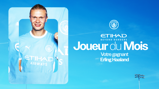 A player in a Manchester City kit is framed alongside text in French that reads 'Joueur du Mois, Votre gagnant Erling Haaland.' The Etihad logo is prominent.