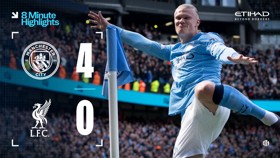Manchester City 4-0 Liverpool match scoreboard with a featured player celebrating.