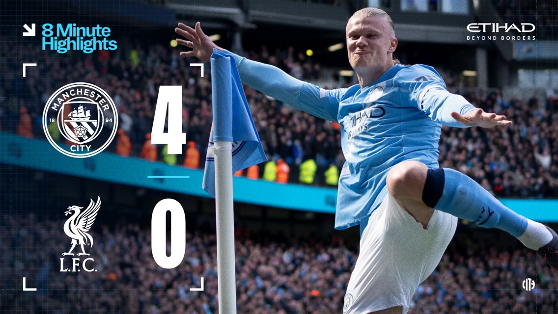 Manchester City 4-0 Liverpool match scoreboard with a featured player celebrating.