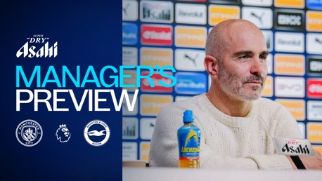The image features text 'Manager's Preview' alongside logos of Manchester City, Premier League, and Brighton & Hove Albion, with a man seated at a press conference table.