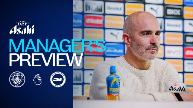 The image features text 'Manager's Preview' alongside logos of Manchester City, Premier League, and Brighton & Hove Albion, with a man seated at a press conference table.