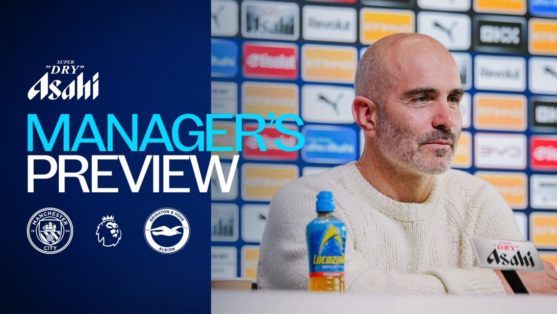The image features text 'Manager's Preview' alongside logos of Manchester City, Premier League, and Brighton & Hove Albion, with a man seated at a press conference table.