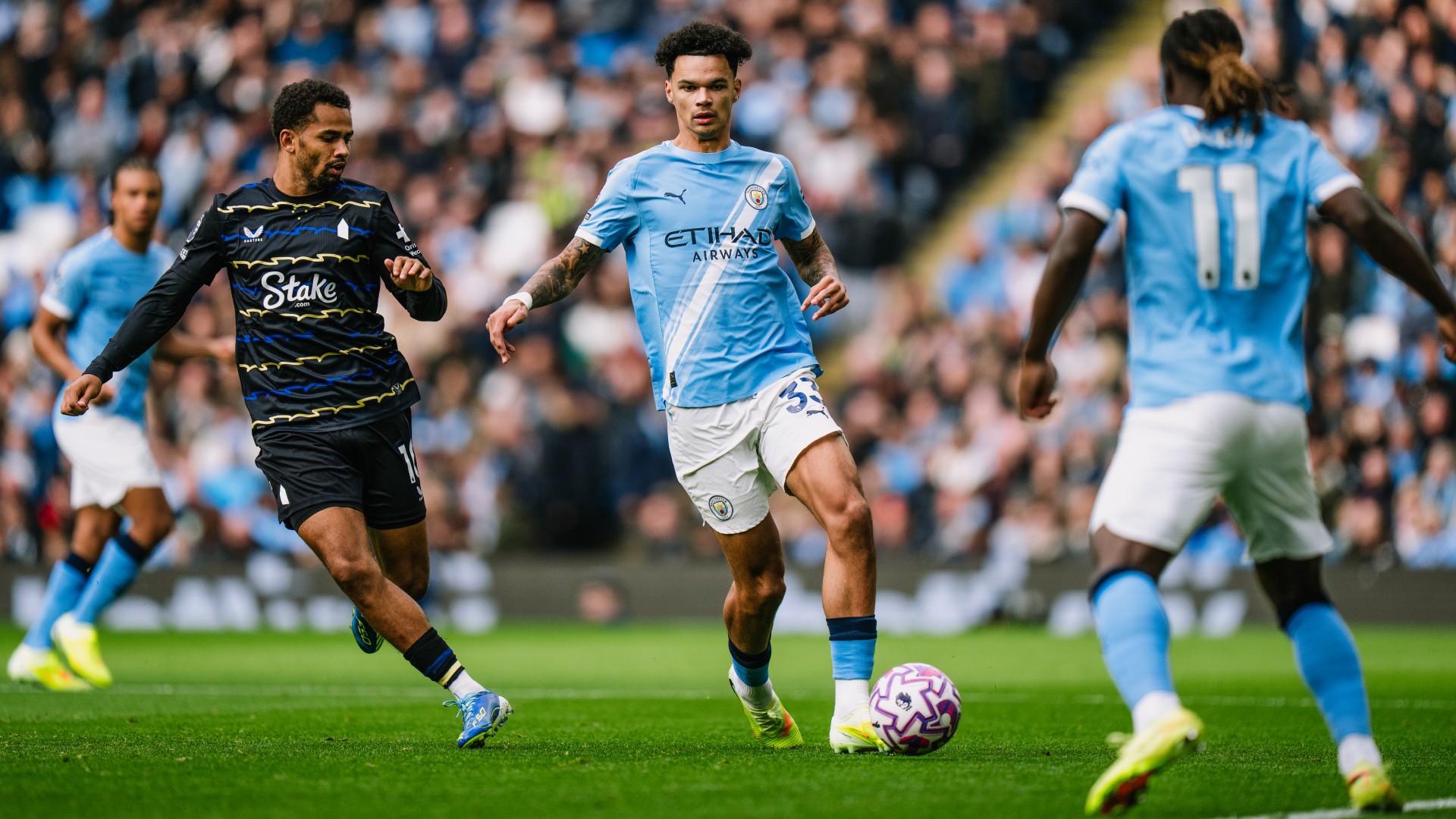 ON THE CHARGE: Nico O'Reilly drives at the Everton defence.