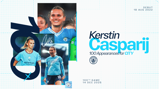 Kerstin Casparij celebrates 100 appearances for Manchester City Women, with her debut on 18th August 2022 and her 100th game on 14th December 2025. The image features Manchester City graphics and logos.