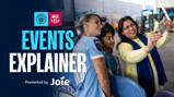 A group of women, including a woman wearing a Manchester City jersey, take a selfie. The image features Manchester City and FC Barcelona logos with text 'Events Explainer' and is presented by Joie.