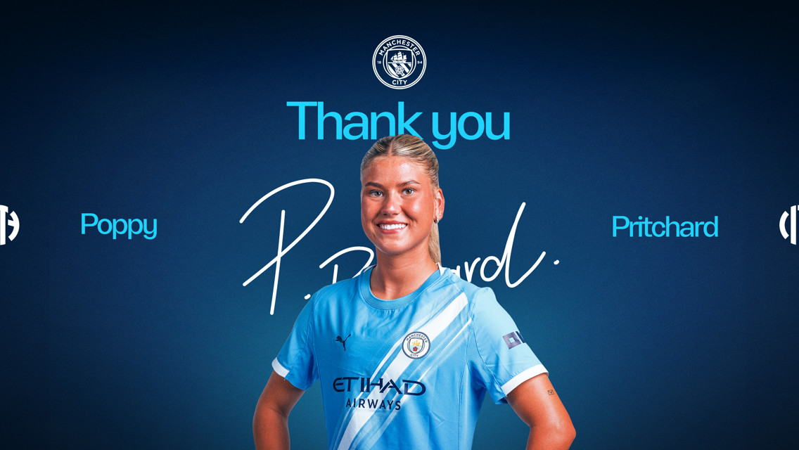 A thank you graphic for Poppy Pritchard featuring a Manchester City player in the team's kit with the club logo and text saying 'Thank you'.