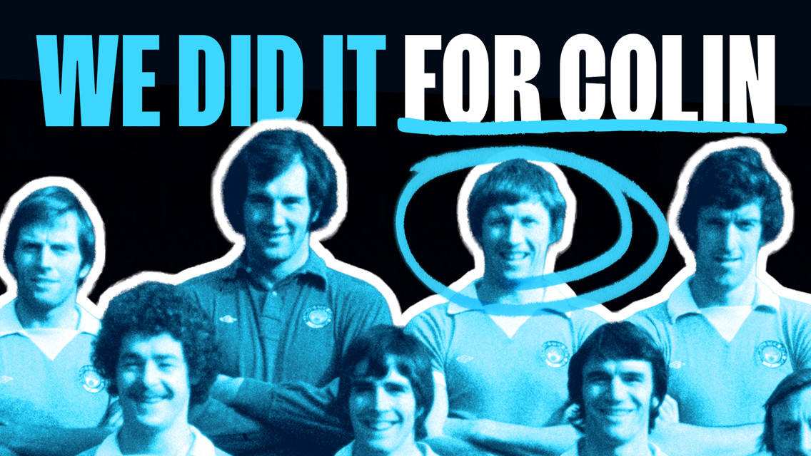 Vintage team photo with faces blurred and the text 'WE DID IT FOR COLIN' above the image.