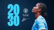 An image showing a Manchester City women's player with 'Bunny Shaw' written beside her and the year 2030, indicating a contract extension.