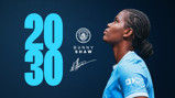 An image showing a Manchester City women's player with 'Bunny Shaw' written beside her and the year 2030, indicating a contract extension.