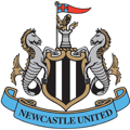 Newcastle United logo featuring two seahorses on either side of a shield with a castle and a lion on top, and a blue ribbon at the bottom with 'Newcastle United' text.