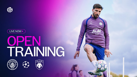 Promotional graphic for a Manchester City open training session featuring a player, club logos, and Champions League branding.