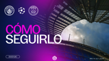 Graphic displaying a match between Manchester City and Paris Saint-Germain with the text 'CÓMO SEGUIRLO'. The date is Wednesday, October 14, 2026, and the time is 20:00 UK. The background shows a partial view of a stadium.