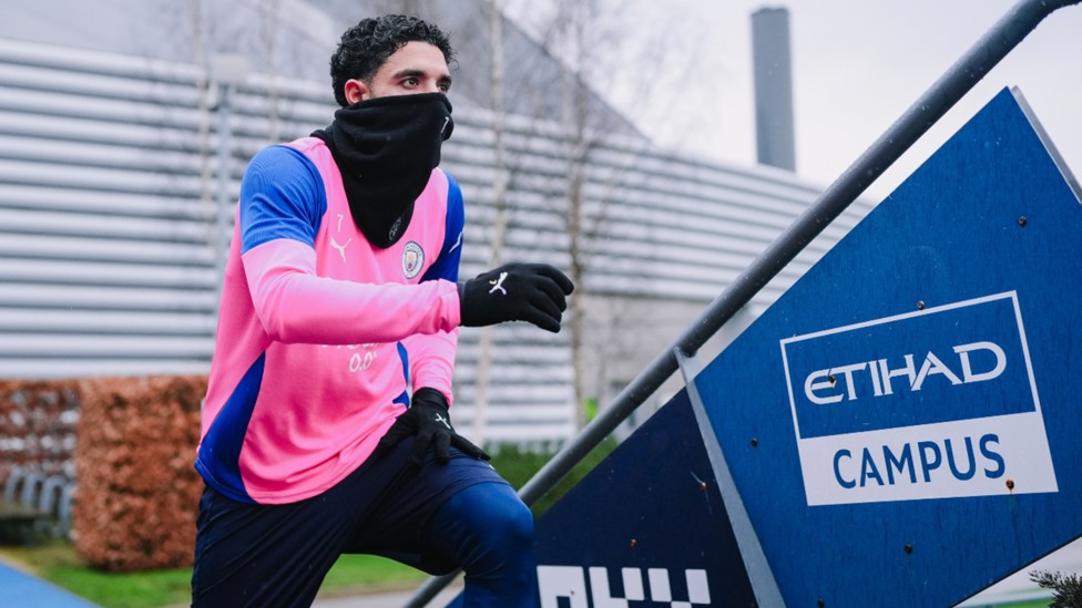 FORWARD MARCH: Omar Marmoush was all wrapped up to keep out the February chill.