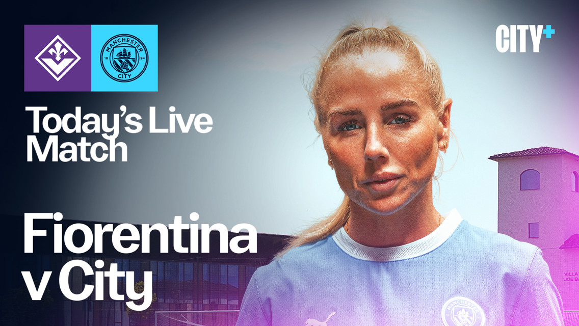 Promotional image for a live match between Fiorentina and Manchester City on CITY+. Features the logos of both teams and a player in a Manchester City kit.