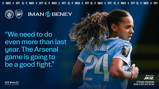 Manchester City vs Arsenal WSL game preview with player comment. Includes Manchester City and Arsenal logos, player Iman Beney, Etihad Stadium info, and game timing.