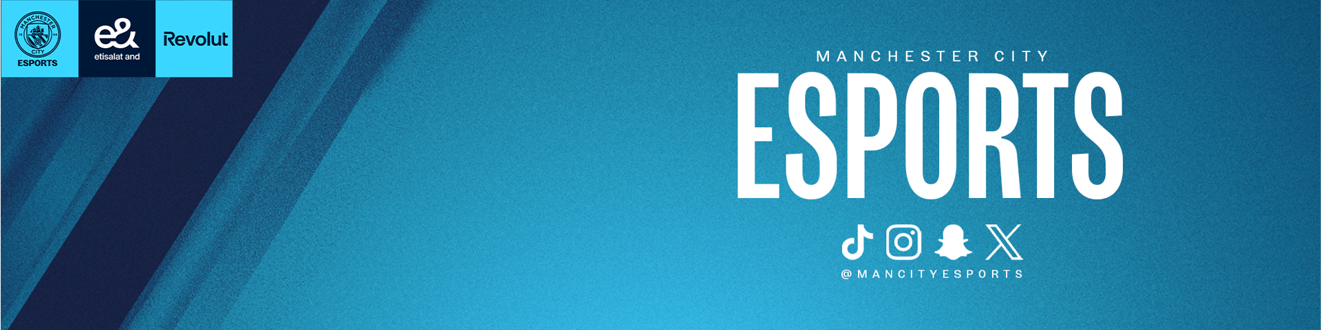 Digital banner for Manchester City Esports with social media icons and sponsors.